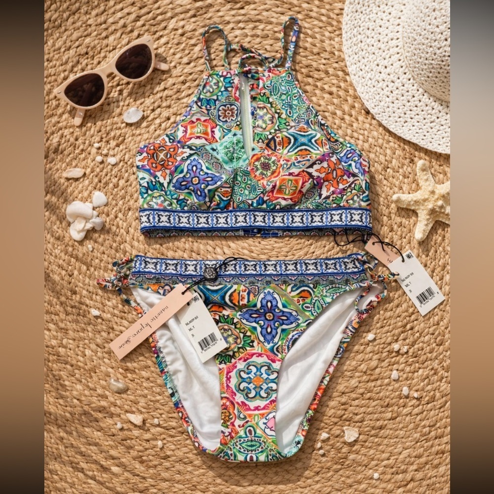 New! Nanette Lepore SET Greek Tiles Stargazer Charmer BIKINI Small 38091